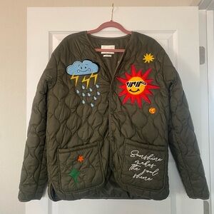 First Row | Embroidered Puffer Quilted Bomber Jacket with Patches | Large